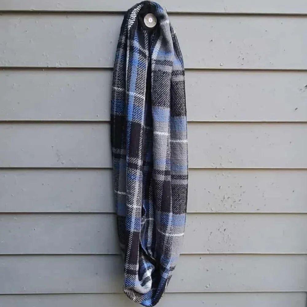 Plaid Acrylic Infinity Scarf in Blue Black Gray